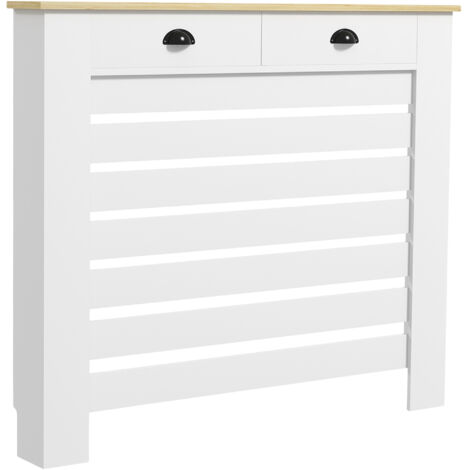 Couvercle de radiateur cache radiateur grille à lattes horizontales avec 2 tiroirs en bois 111l x 19P x 95,5H cm blanc