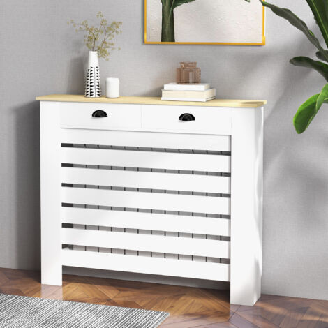 Couvercle de radiateur cache radiateur grille à lattes horizontales avec 2 tiroirs en bois 111l x 19P x 95.5H cm blanc