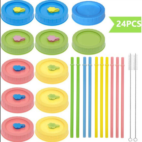 Couvercle Mason Bocal - Trou Pour Paille - Plastique Sans BPA - Joint Étanche En Silicone - Nettoyage Facile - 24 Pièces