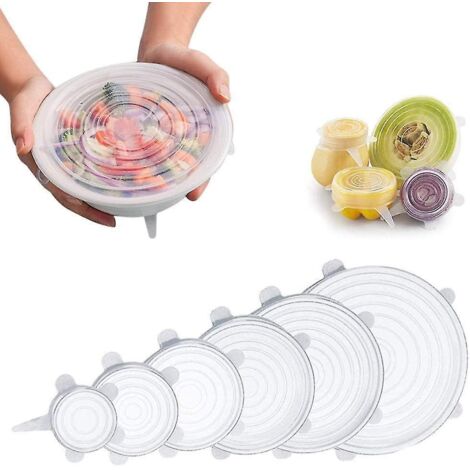 Couvercles extensibles en silicone, couvercles de joint réutilisables durables et extensibles de 6 tailles, récipient extensible écologique gardant les aliments(Clair-6PCS)