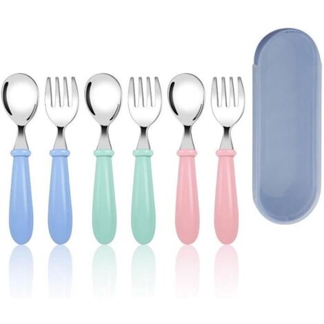 Couvert Enfants INOX,Set Couvert Bebe 3 x Fourchettes,3 x Cuillères, Couverts Bebe de Poignée Plastique Facile à transporter 3 boîte