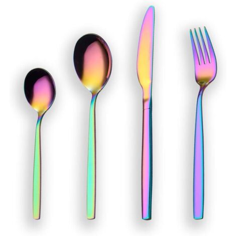 Couverts 24 Pièces - Acier Inoxydable - Plaquage Titane Arc-En-Ciel - 6 Personnes - Lavable Lave-Vaisselle
