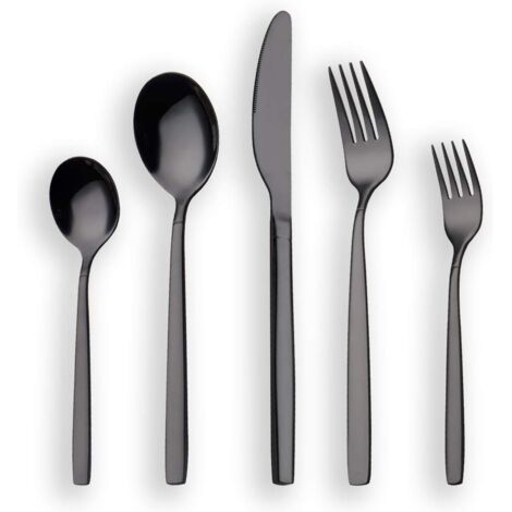 Couverts - 30 Pièces - Acier Inoxydable - Plaqué Titane Noir - 6 Personnes - Noir Brillant