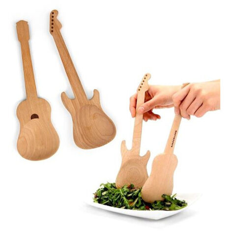 Couverts à salade - Guitare - Bois - 2 pièces - Naturel - Non compatible lave-vaisselle