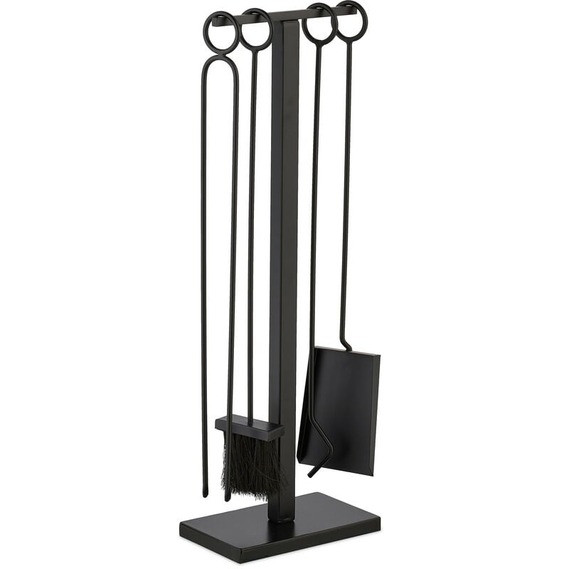 Relaxdays - Couverts de cheminée, lot de 5 pièces, tisonnier, pelle & balai à cendres, pince, support, pour poêle, noir
