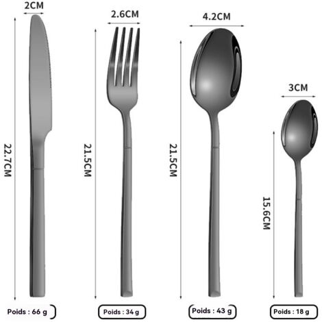 Couverts en acier inoxydable, coffret chevalier 24 pièces, 4 pièces principales, couverts à steak doré, style épuré