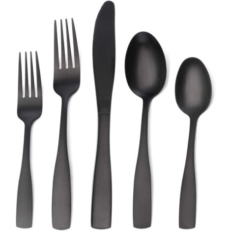 Couverts En Acier Inoxydable - Lot De 5 Pièces - Fourchette Dessert - Cuillère Dessert - Fourchette Repas - Cuillère Repas - Couteau Repas - Noir Mat