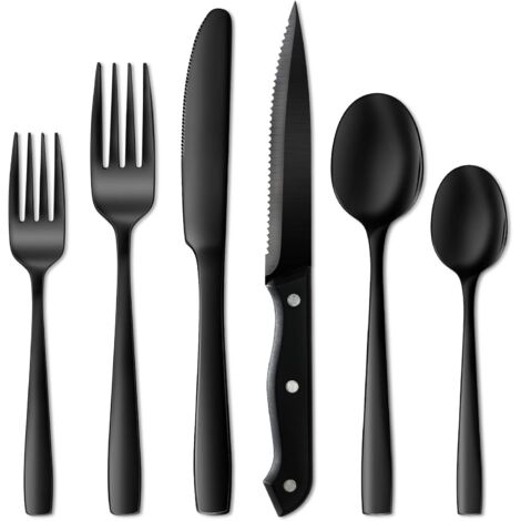 Couverts Noir - Ensemble de 24 Pièces en Acier Inoxydable Alimentaire - Pour 4 Personnes - Fourchettes Couteaux Cuillères - Finition Miroir - Lave-vaisselle