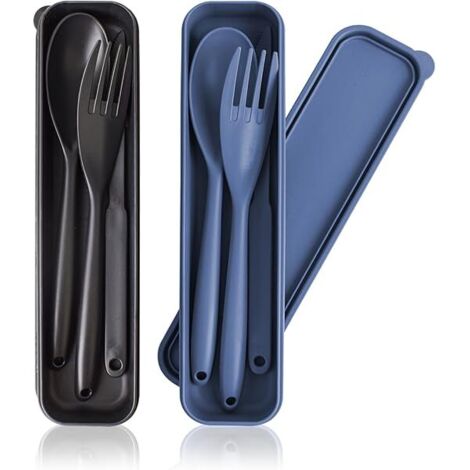 Couverts Réutilisables - Ensemble Fourchette Cuillère Couteau en Plastique - Boîtier Portable 9 Pouces - Pour Pique-Nique Camping Bureau Repas Quotidiens - 2 Ensembles