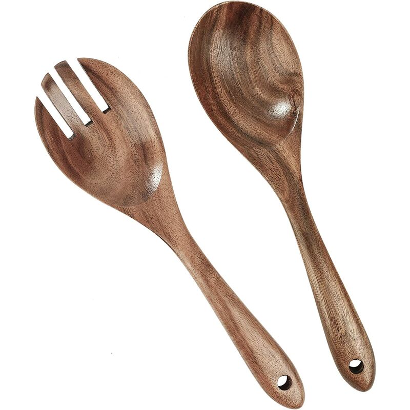 Couverts à Salade en Bois, Grand Serveurs à Salade Ensemble de Fourchette et Cuillère à Long Manche Pince à Salade, Ustensiles de Cuisine Mélange