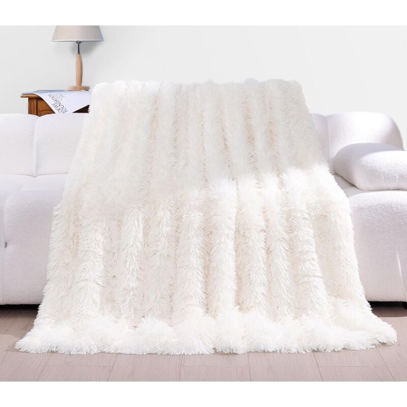 Jusch - Couverture 160x200 cm, Plaid Polaire Super Douce et Duveteux, Fausse Fourrure Haute Qualité, Couvre-Lits et Canape, Blanc Crème