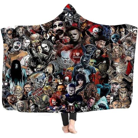 Couverture à capuche 3D inspirée des films d'horreur, en polaire sherpa ultra douce, jeté de canapé portable pour l'hiver, pour femmes, hommes et enfants - Taille unique
