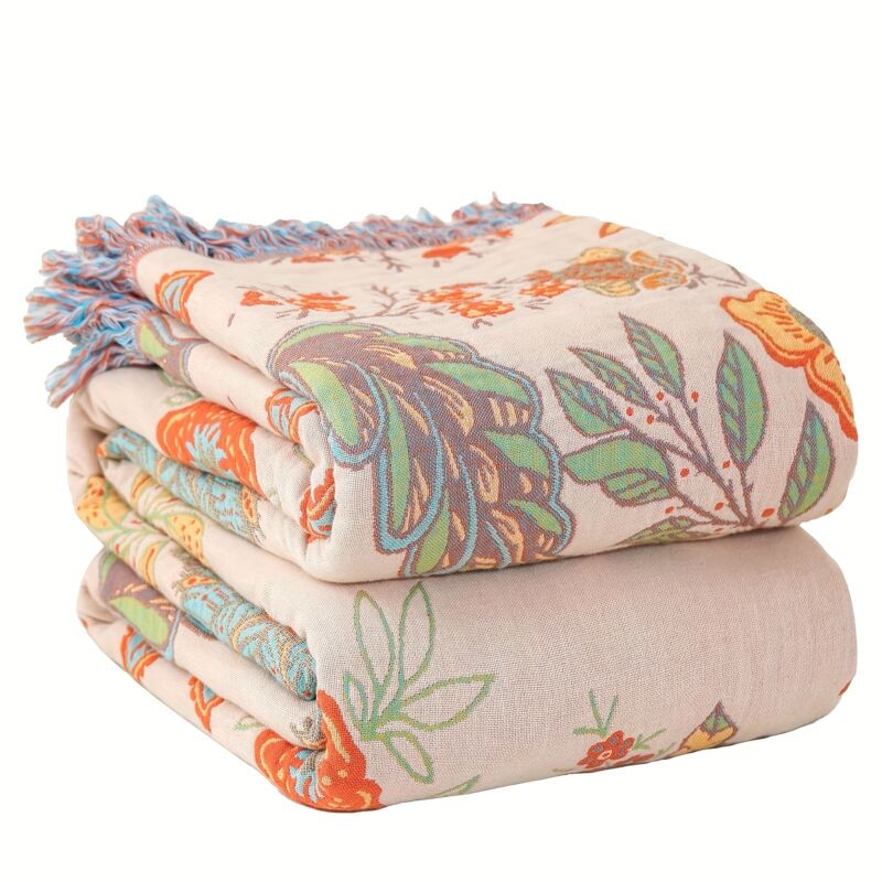 Couverture Bohème Réversible à Motifs Floraux et Pompons – Douce pour Canapé et Lit