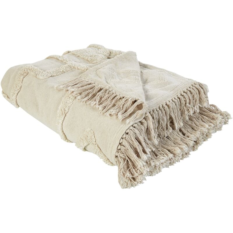 Beliani - Couverture Boho en Coton Motif avec Franges 220 x 240 cm Plaid Beige Chack