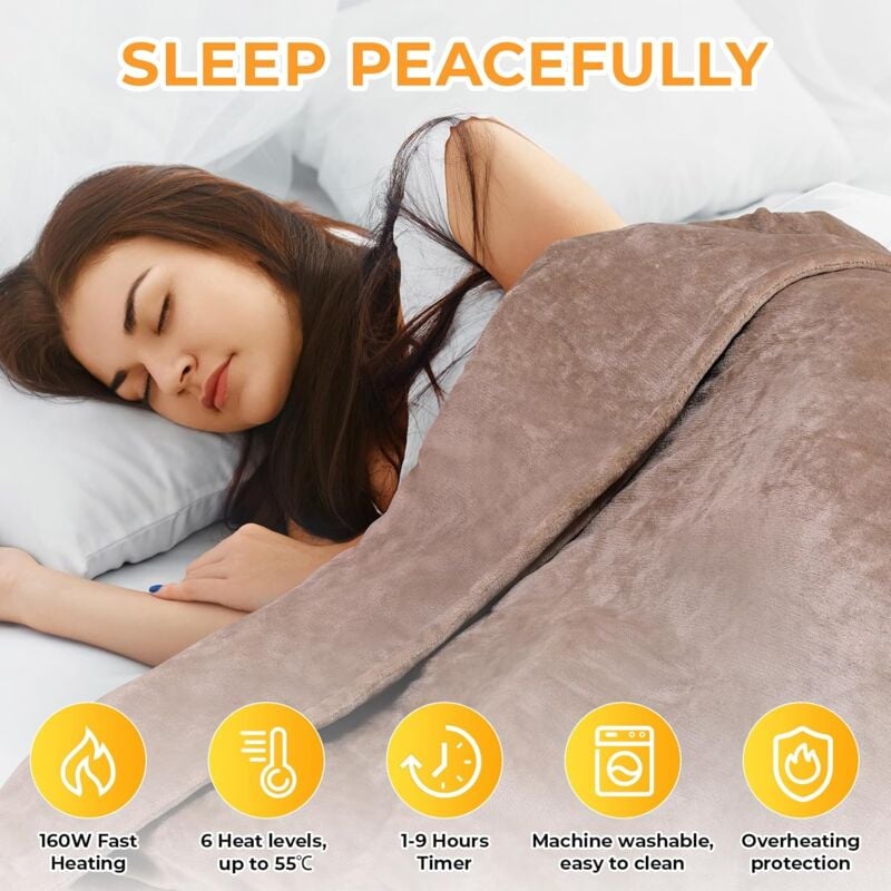 Couverture Chauffante, 180x130 cm 160W Plaid Chauffant Electrique Rapide avec arrêt automatique, 6 Niveaux de Chauffage, Minuterie de 1-9H, Lavable