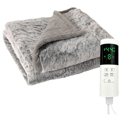 Couverture Chauffante Electrique 130x160cm Minuterie D'arrêt Automatique 9 Heures, Couverture Réversible en Laine de Coton et Velours de Lapin Lavable en Machine, Gris