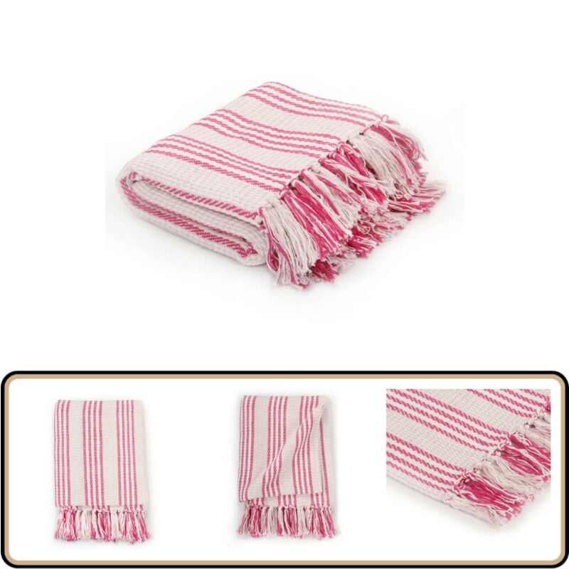 Couverture coton à rayures 160x210 cm Rose et Blanc - Couverture Moelleuse - Plaid Coton - Décoration Intérieure - Couette Douce - Accessoires Literie