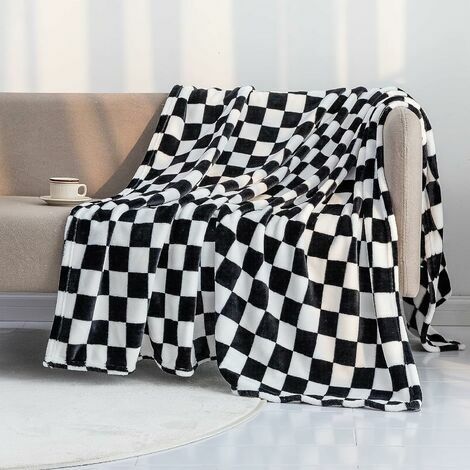 Couverture Couverture en Flanelle avec Motif de Grille en Damier Couverture Souple pour Canapé, Lit, Canapé Luxueux Chaud et Confortable Quatre Saisons (Noir, 129,5 cm x 150 cm)
