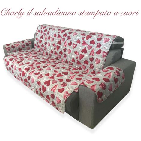 Couverture de canapé SALVADIVANO CHARLY MATELASSÉ SUPÉRIEURE LISSE COEURS ROUGES, SHABBY 1 PLACE, siège cm. 60
