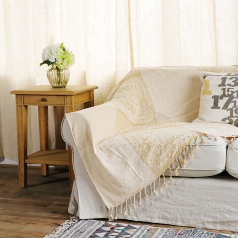Couverture de canapé simple en coton, couverture à glands tricotés, coutures double face, couverture chaude décorative pour les voyages à domicile et au bureau 150 cm 190 cm Beige One Piece