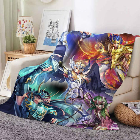 Couverture de flanelle 3D Anime les chevaliers du zodiaque, cadeau de nol pour filles et garons, décoration de maison, couverture de fête à la mode,BLEU CIEL,100x150cm