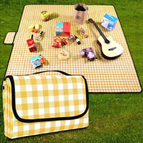 Couverture de pique-nique 200 cm x 200 cm imperméable - Tapis de plage - Tapis de pique-nique lavable et léger avec poignée - Jaune à carreaux - Pour randonnée, voyage, camping, parcs