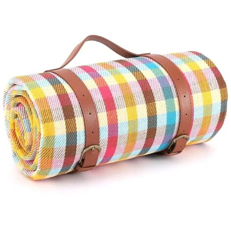 Couverture de pique-nique extra-large, 200 cm x 200 cm, imperméable et pliable, avec sangles de transport, idéale pour la plage, le camping et le jardin - coloris rayé.