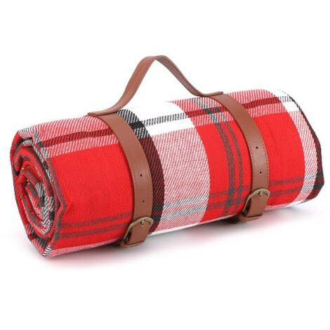 Couverture de pique-nique extra-large, 200 cm x 200 cm, imperméable et pliable, avec sangles de transport, idéale pour la plage, le camping et le jardin - rayée rouge.