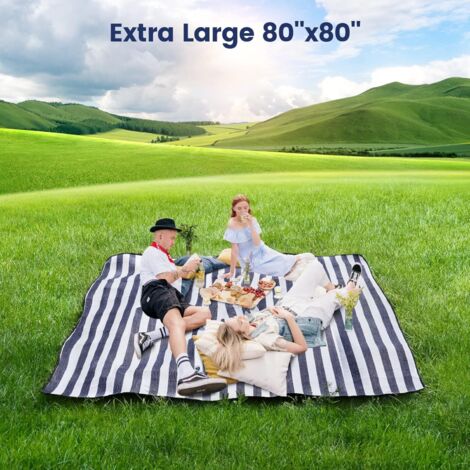 Couverture de pique-nique extra large 80” x 80”, couverture de plage imperméable et pliable, couverture d'extérieur à 3 plis, convient pour 6 à 8 adultes, idéale pour le camping, les parcs, les plages