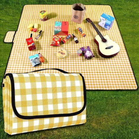 Couverture de Pique-Nique Tapis de Plage Imperméable 200 × 200cm, Lavable à Carreaux avec Poignée,jaune