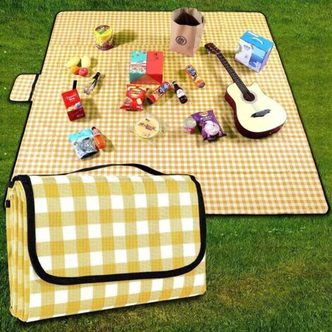 Couverture de Pique-Nique Tapis de Plage Imperméable 200 × 200cm, Lavable à Carreaux avec Poignée,jaune