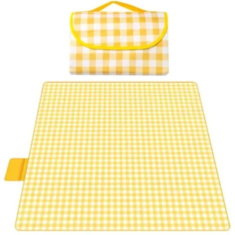 Couverture de plage, tapis de pique-nique anti-sable, 79 x 79 pouces, couverture de poche portable pliable et imperméable pour pelouse extérieure, plage, voyage, camping, randonnée, parc (carreaux jau