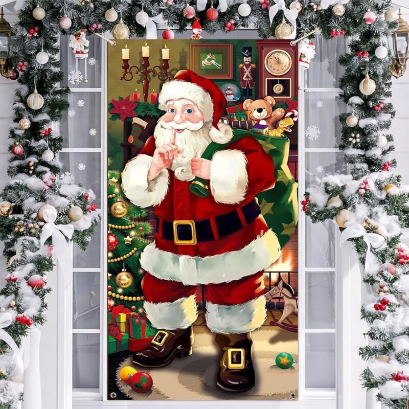 Couverture de Porte de Noel Decoration Suspendue Bannière Toile de Fond de Noël, Décorations de Noël Bannière de Porte pour Décoration Vacances Hiver