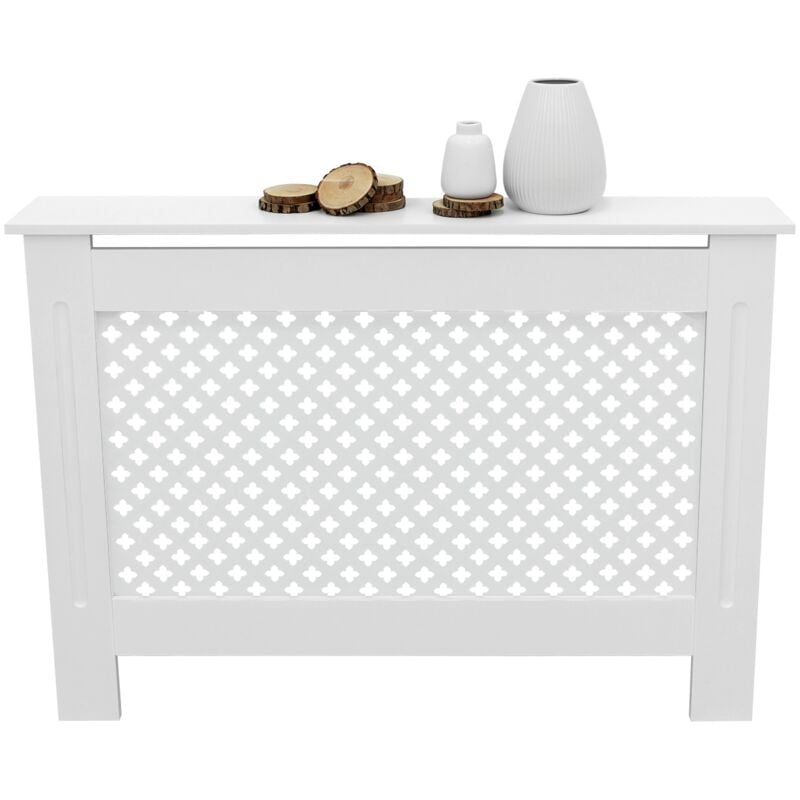 Ecd Germany - Cache-Radiateur Chauffage Moderne - 112x19x82cm - Blanc Étagère en Bois mdf Housse Décorative Robuste Motif Nid d'Abeille Murale Meuble