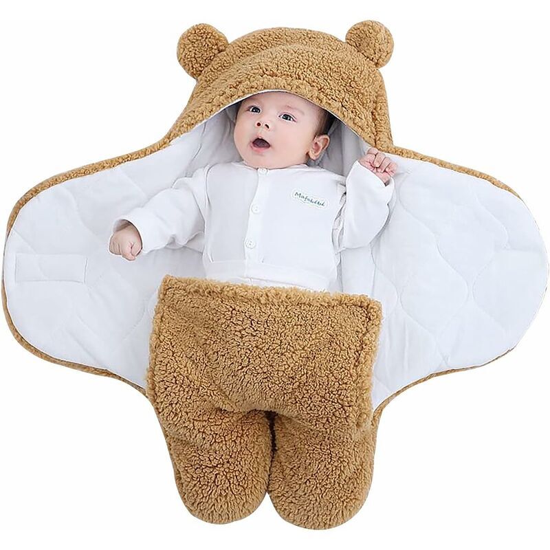 Couverture D'Emmaillotage pour Bébé Unisexe, Sac de Couchage Nid d'ange Puériculture, Gigoteuse Emmaillotage à Capuche Naissance-Brun-M(3-6 Mois)
