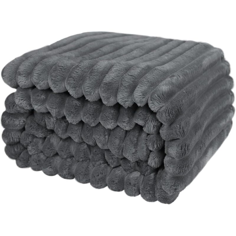Couverture douillette, couvre lit/couverture de canapé chaude et moelleuse, motif à rayures, pour maman, femme et petite amie (gris foncé, 200x230 cm)