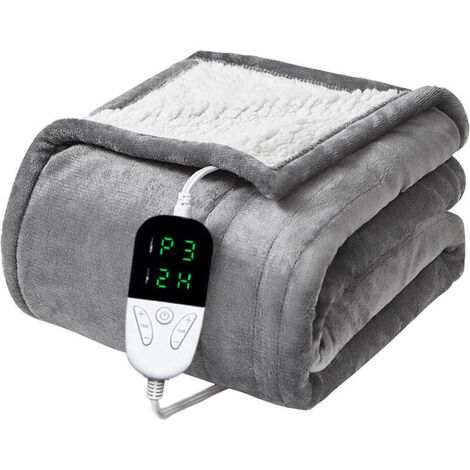 Couverture Électrique 130 x 150 cm, Flanelle + Laine d'Agneau, Lavable en Machine, Extrêmement Douce et Confortable, Couverture Chauffante à Chauffage Rapide avec Régulateur, 6 Modes, Arrêt Automatiqu