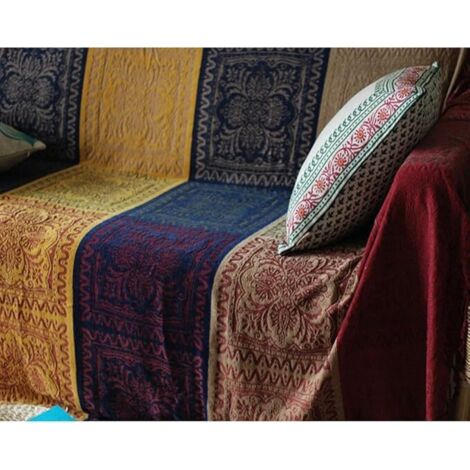 Couverture en chenille, housse de canapé à franges jacquard, housse de chaise d'ameublement, canapé-lit, chaise douce, motif tribal folklorique (150 x 190 cm, rouge)