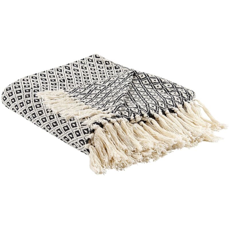 Beliani - Plaid avec Motif Géométrique Franges 125 x 150 cm en Coton Noir et Blanc Chyama