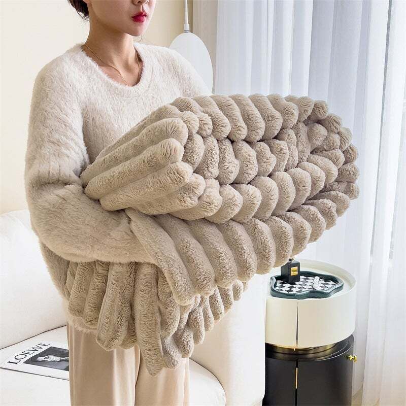 Couverture en laine, plaid, plaid de canapé, doux et confortable, poils longs, hiver - kaki - 200 × 230 cm