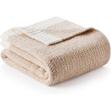 Couverture en microfibre beige mélangée de luxe, réversible, ultra douce, chaude et confortable, en maille douce, idéale pour les canapés, les lits et le camping, beige, 130 x 160 cm