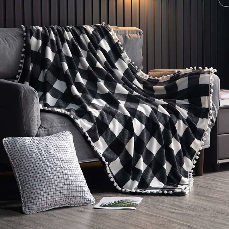 Couverture en Molleton avec Frange à Pompons,Jeté en Flanelle à Carreaux Noir et Blanc à Carreaux Buffalo pour canapé-lit adapté à Toutes Les Saisons