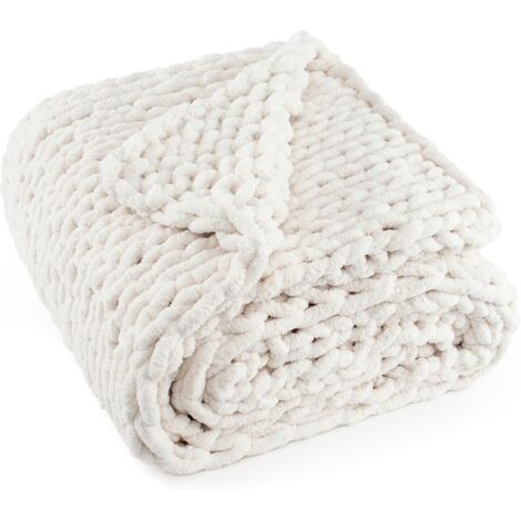 Couverture en Tricot épais  Fait Main avec Fil Chenille Doux, 2 kg – Grand nœud en Corde pour canapé, lit, décoration d'intérieur, 127 x 152,4 cm – Blanc crème