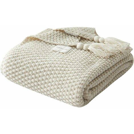 Couverture en tricot jeté canapé couvre-lit tapis de table doux chaud nordique jeté de lit avec frange fait à la main pour pique-nique à la plage toutes saisons (Beige, 70 x 100 cm)