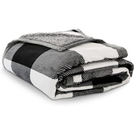 Couverture polaire 130 x 150 cm, douce et confortable, en laine, idéale pour l'hiver, super chaude, plaid de canapé, motif à carreaux noirs et blancs, style classique, réversible, toujours tendance