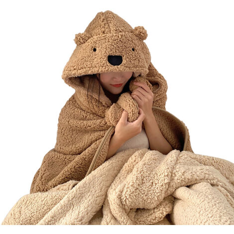 Couverture polaire chaude avec capuche pour enfants et adultes, douce et épaisse, 120x123 cm, marron