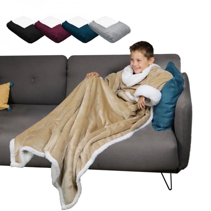 Couverture polaire, plaid intégral avec manches et poche - 120 x 160 cm - Sherpa et flanelle - Enfant - Beige Vivezen
