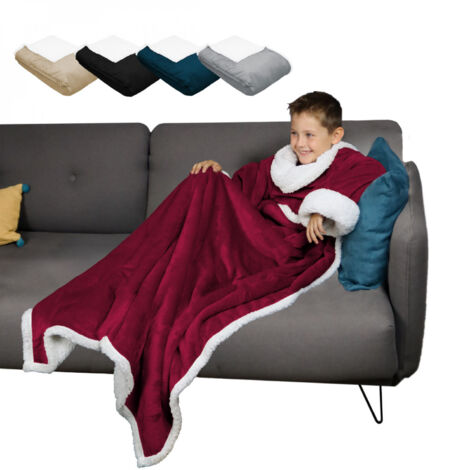 Couverture polaire, plaid intégral avec manches et poche - 120 x 160 cm -  Sherpa et flanelle - Enfant - Prune - Vivezen
