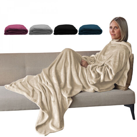 Couverture polaire plaid intégral avec manches et poche - Adulte 210 x 140 cm - Beige - Vivezen