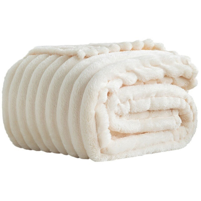 Couverture polaire Sherpa moelleuse, douce et chaude, en jacquard rayé, pour canapé, lit, salon, 152 x 203 cm, blanc
